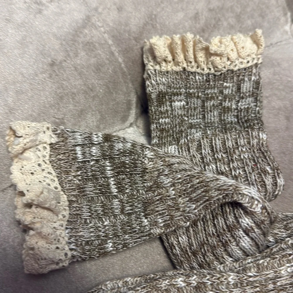 Crochet edge boot socks, light brown with cream lace, new